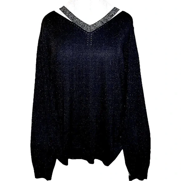 JOSEPH A. Black & Silver V-Neck Lightweight Sweater with Silver Cut-Out Accents - Picture 6 of 9